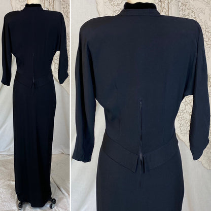 Vintage 1940's Maxi Dress | Black Rayon Crepe with Velvet Neckline | Size S, M