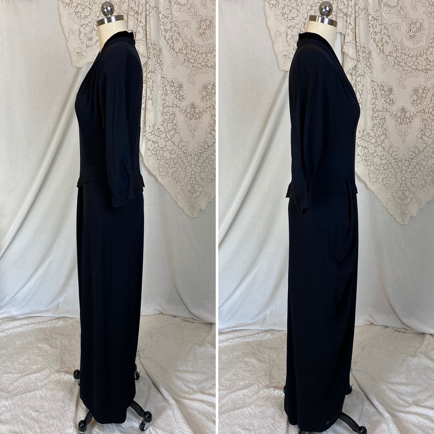 Vintage 1940's Maxi Dress | Black Rayon Crepe with Velvet Neckline | Size S, M