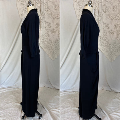 Vintage 1940's Maxi Dress | Black Rayon Crepe with Velvet Neckline | Size S, M