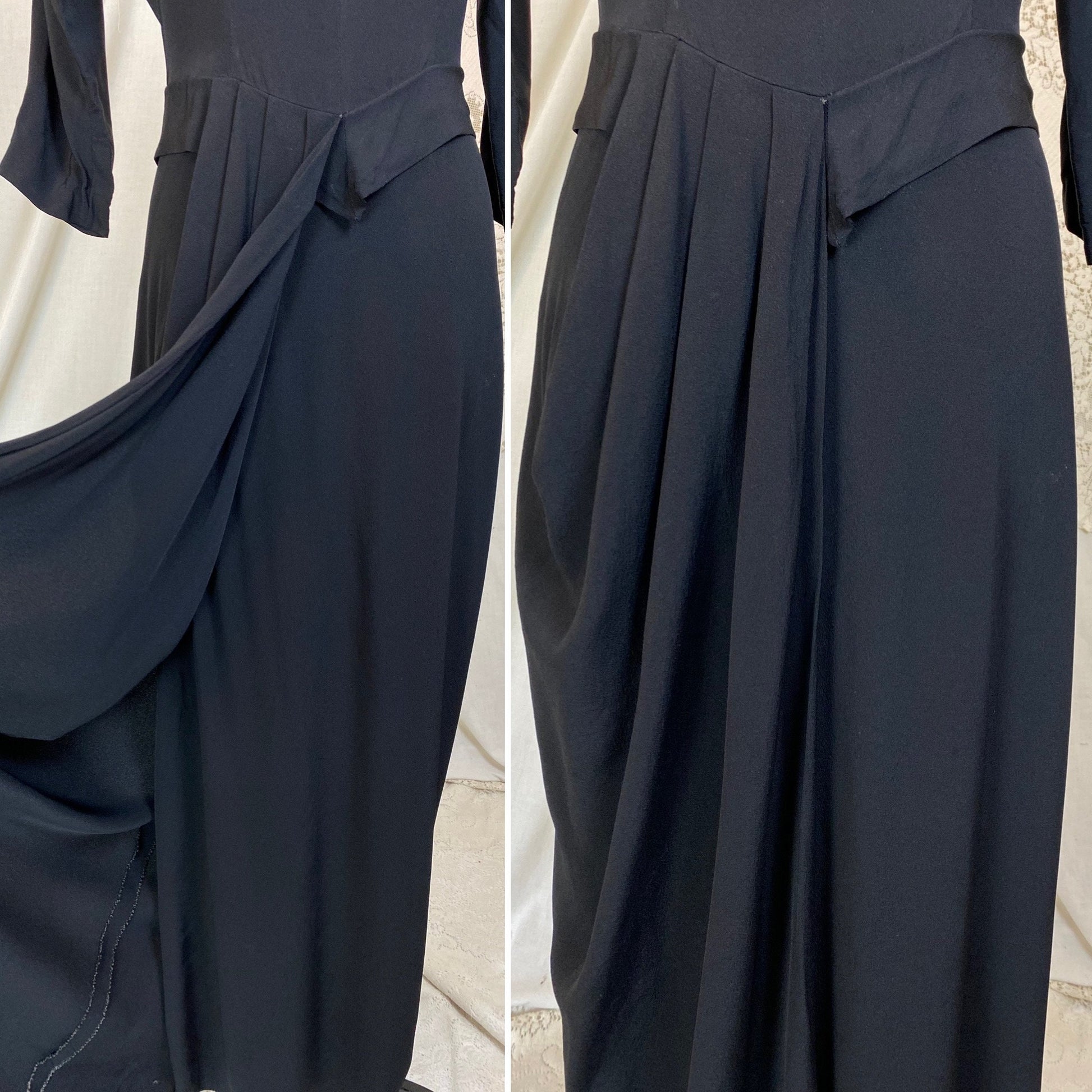 Vintage 1940's Maxi Dress | Black Rayon Crepe with Velvet Neckline | Size S, M