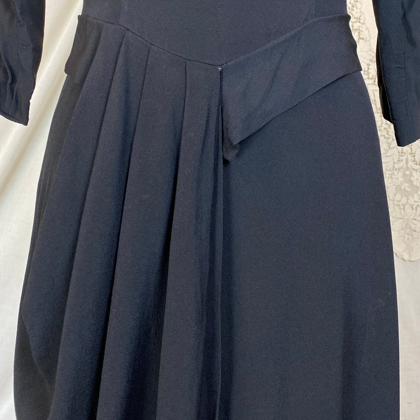 Vintage 1940's Maxi Dress | Black Rayon Crepe with Velvet Neckline | Size S, M