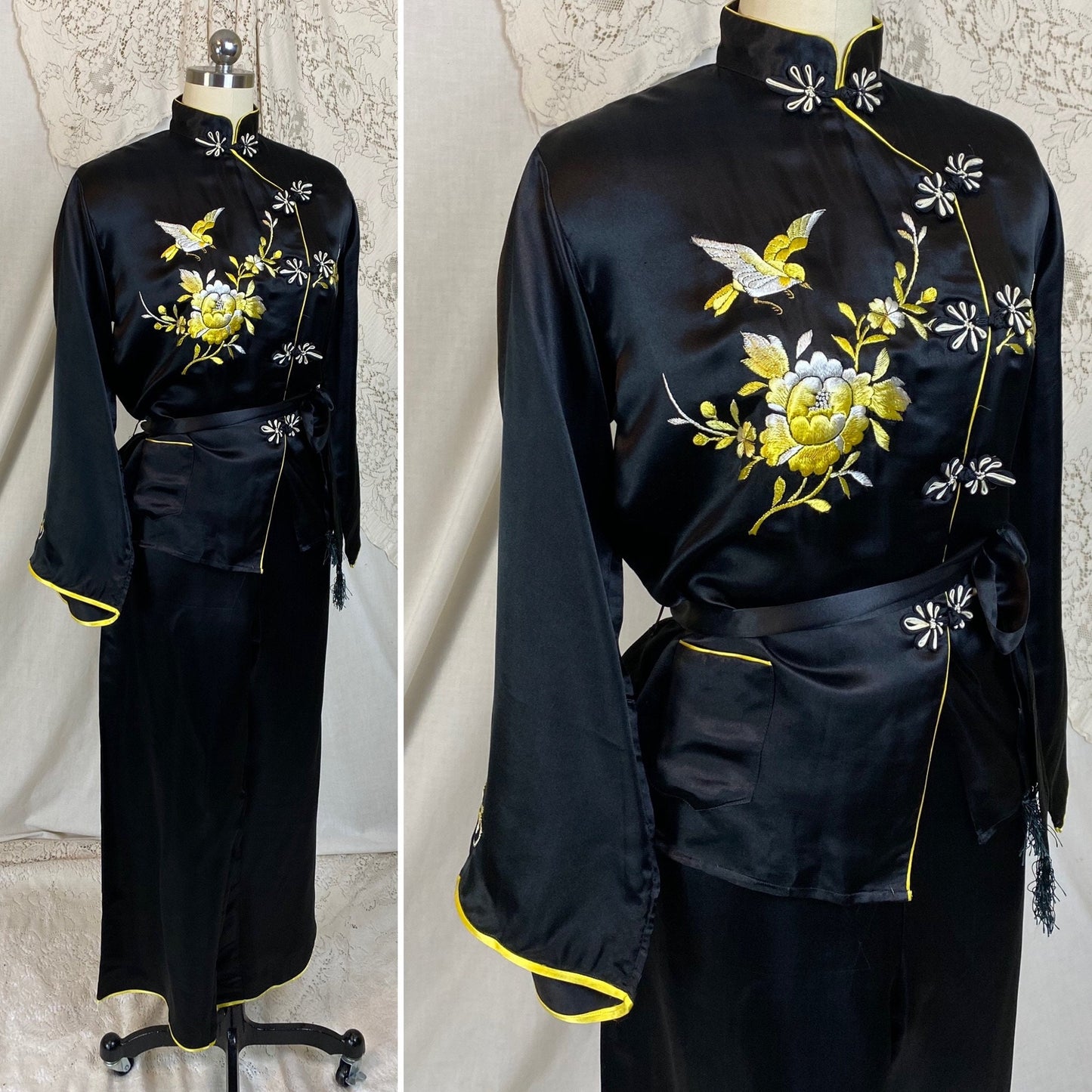 Vintage 1950's Lounge Pajama Set | Black Silk with Yellow &  White Embroidery | Size S, M
