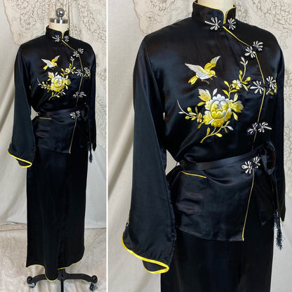 Vintage 1950's Lounge Pajama Set | Black Silk with Yellow &  White Embroidery | Size S, M