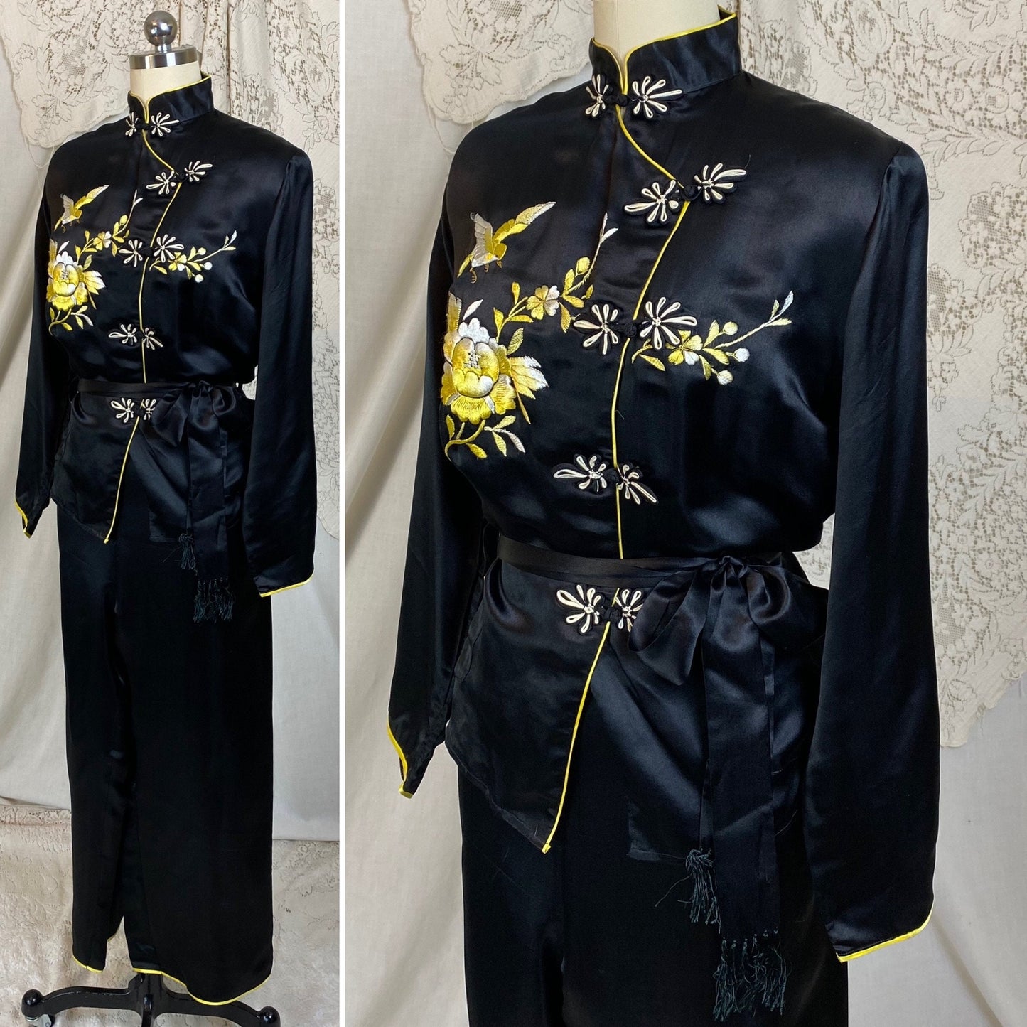 Vintage 1950's Lounge Pajama Set | Black Silk with Yellow &  White Embroidery | Size S, M
