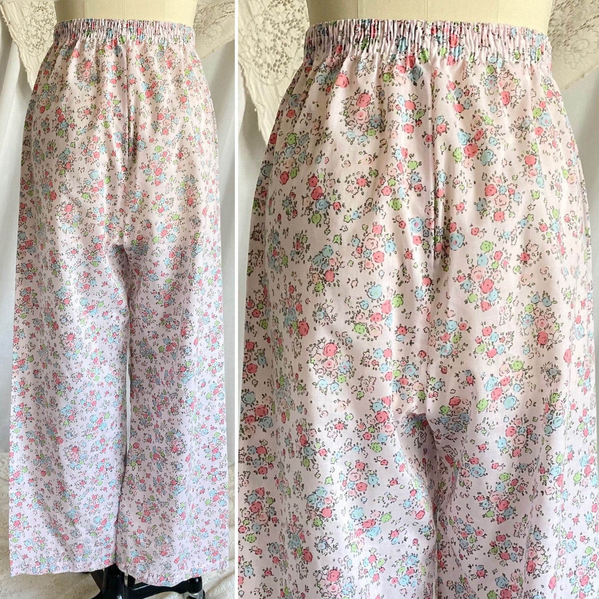 Vintage 1960's Pajama Set | Pale Petal Pink Cotton with Watercolor Floral Print | Size M, LG | Tommies