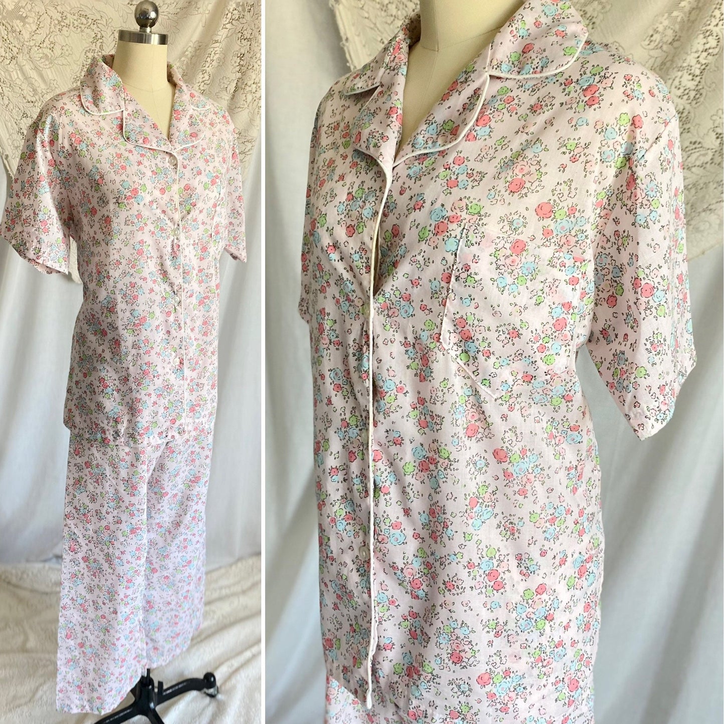 Vintage 1960's Pajama Set | Pale Petal Pink Cotton with Watercolor Floral Print | Size M, LG | Tommies