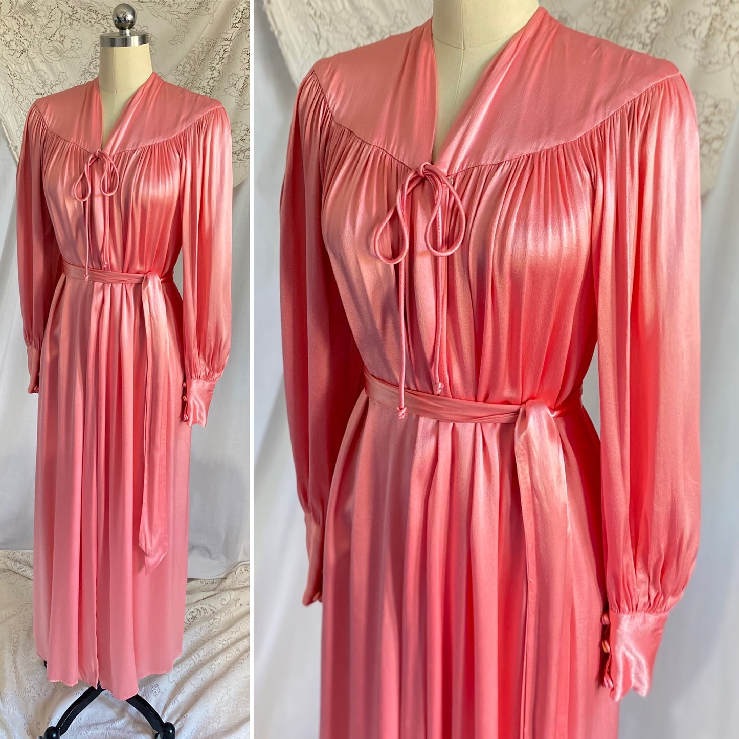 Vintage 1940's Robe | Silky Rose Pink Rayon Satin with Bishop Sleeves | Size S, M, LG | Loungee's