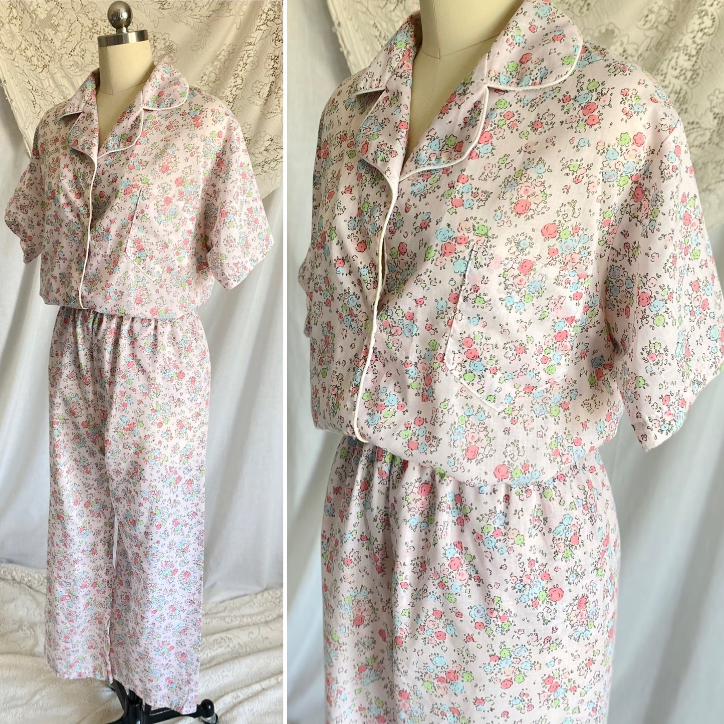 Vintage 1960's Pajama Set | Pale Petal Pink Cotton with Watercolor Floral Print | Size M, LG | Tommies
