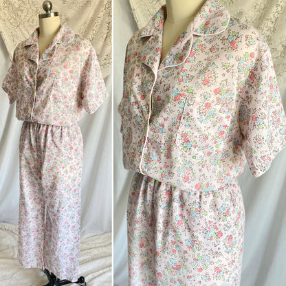Vintage 1960's Pajama Set | Pale Petal Pink Cotton with Watercolor Floral Print | Size M, LG | Tommies
