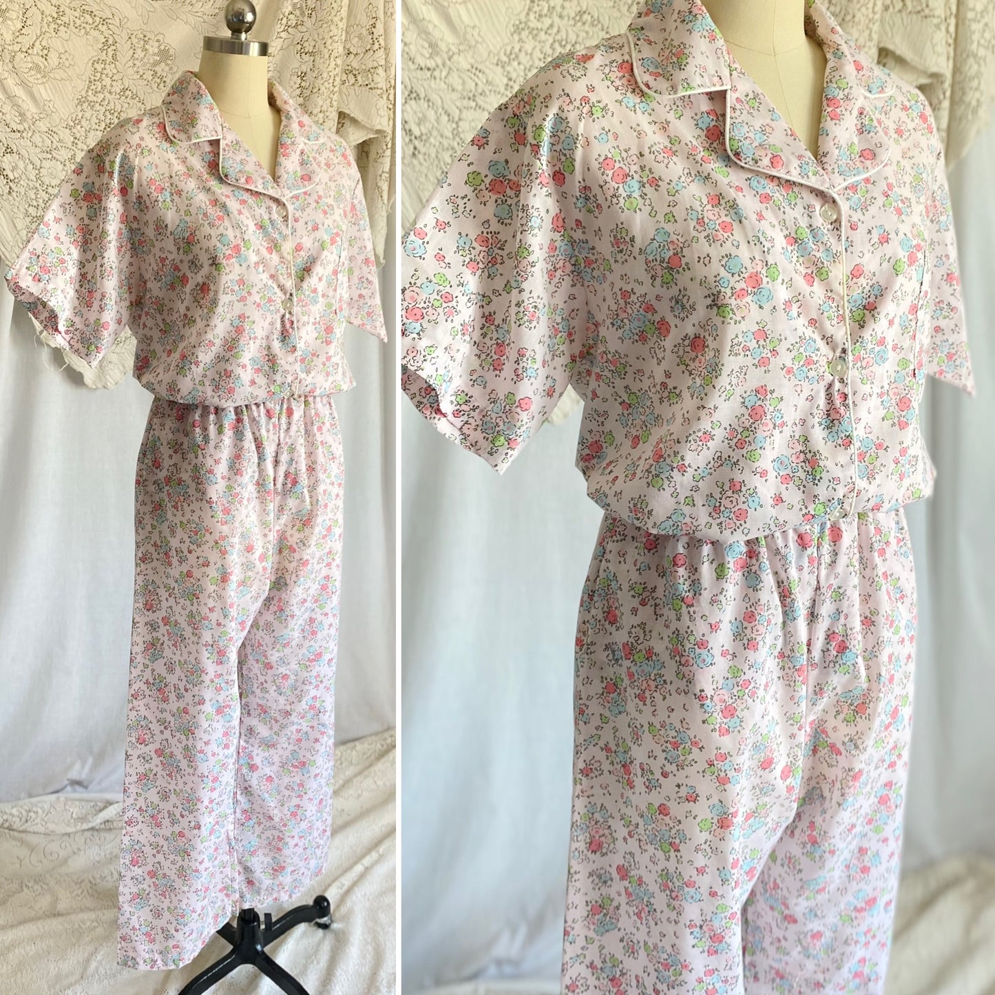 Vintage 1960's Pajama Set | Pale Petal Pink Cotton with Watercolor Floral Print | Size M, LG | Tommies