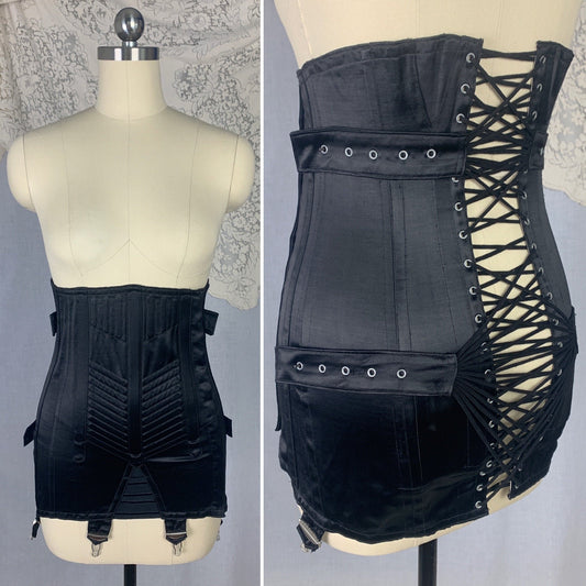 RARE Vintage 1930's Corset Girdle | Black Rayon Satin with Double Fan Lacing | Size XXS, XS, 23-27 Waist | Le Compressif - Daggers & Dames