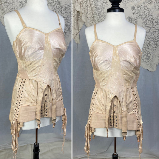 Vintage 1920-1930's All in One Girdle | Nude Rayon Satin Damask with Double Corset Lacing | Size 38-40, LG, XL | Nu-Bone - Daggers & Dames