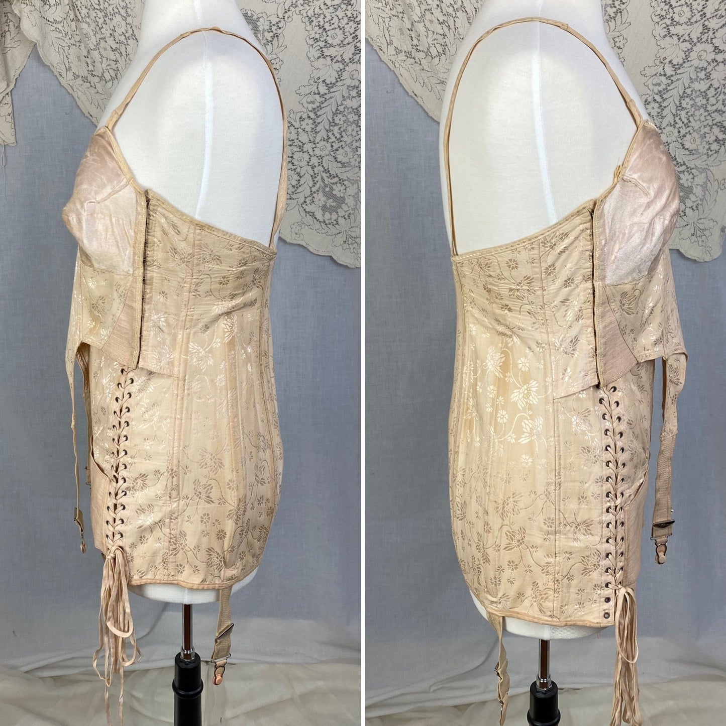 Vintage 1920-1930's All in One Girdle | Nude Rayon Satin Damask with Double Corset Lacing | Size 38-40, LG, XL | Nu-Bone - Daggers & Dames
