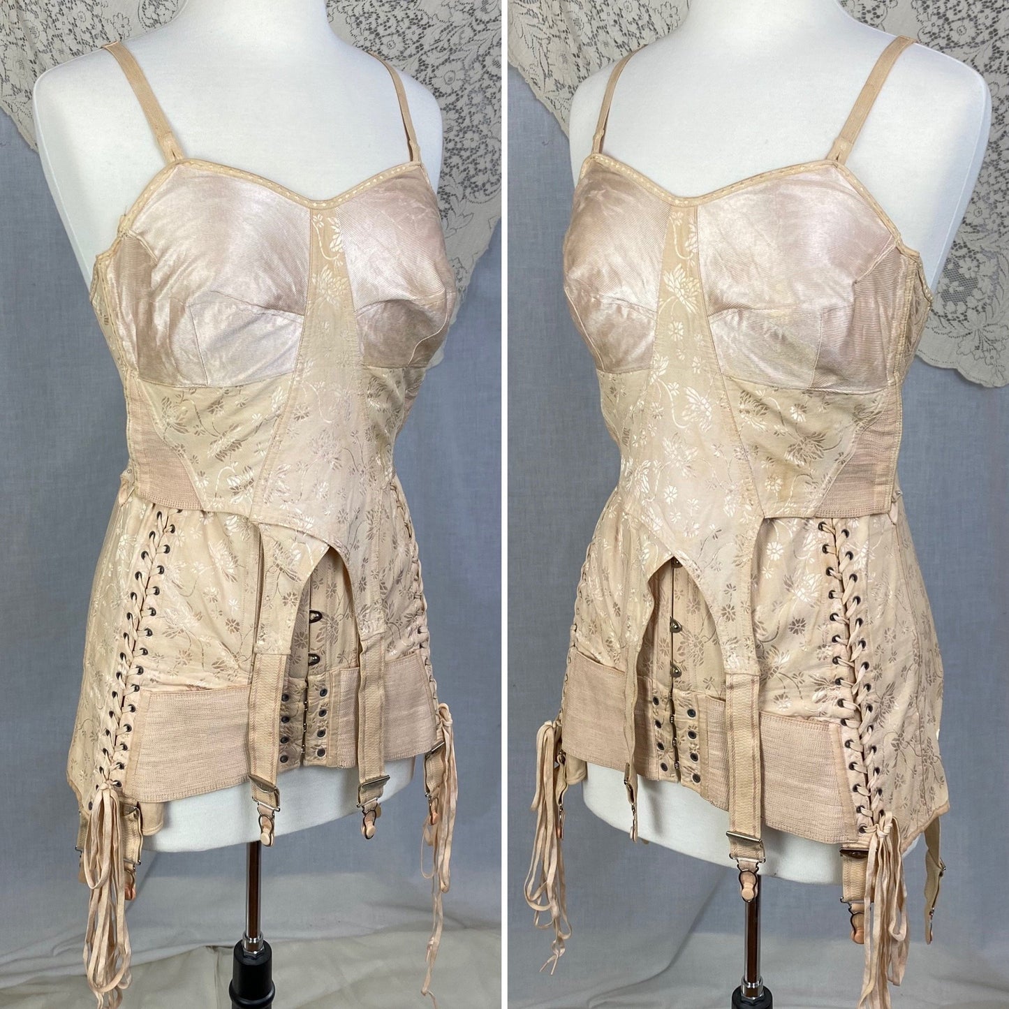 Vintage 1920-1930's All in One Girdle | Nude Rayon Satin Damask with Double Corset Lacing | Size 38-40, LG, XL | Nu-Bone - Daggers & Dames