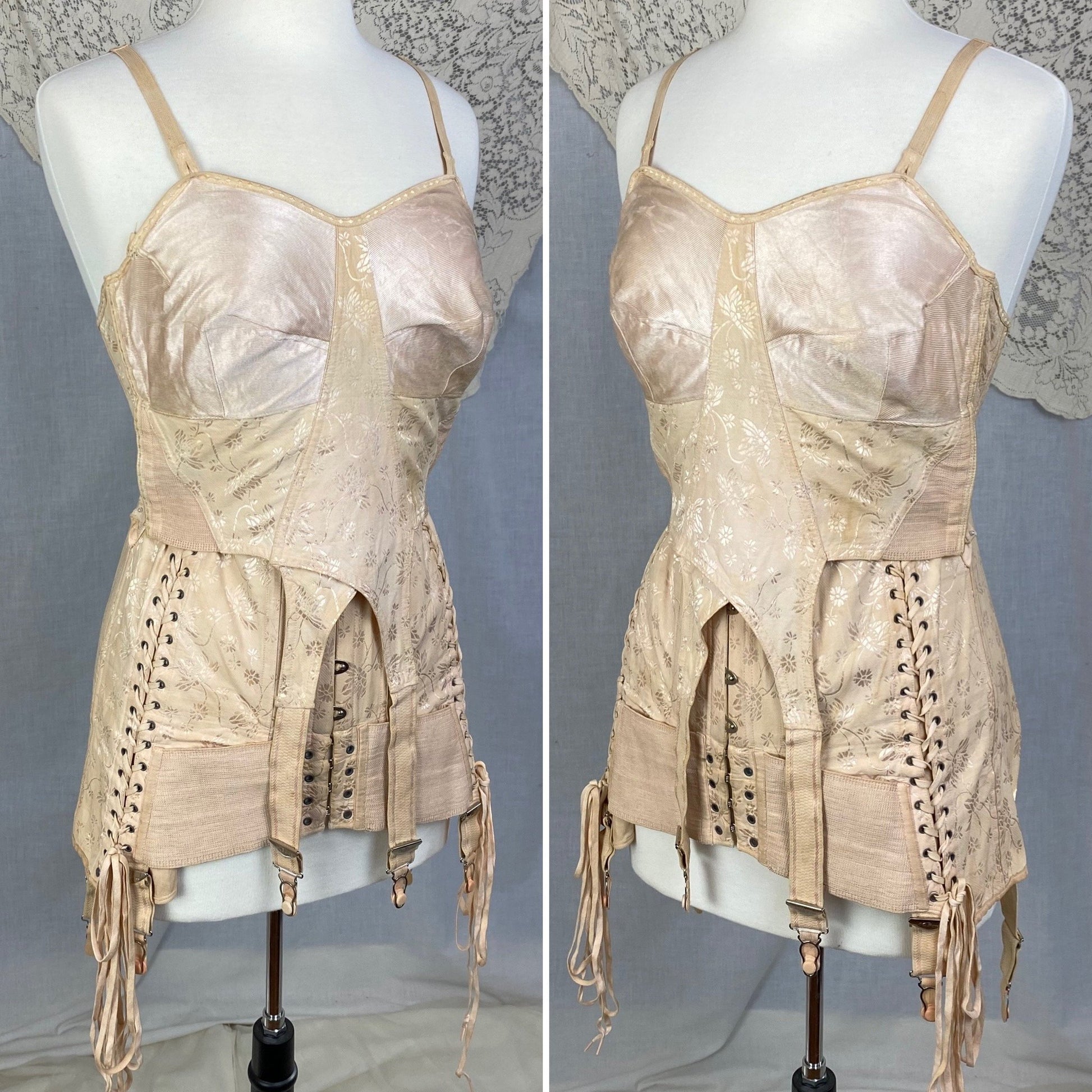 Vintage 1920-1930's All in One Girdle | Nude Rayon Satin Damask with Double Corset Lacing | Size 38-40, LG, XL | Nu-Bone - Daggers & Dames