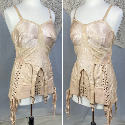 Vintage 1920-1930's All in One Girdle | Nude Rayon Satin Damask with Double Corset Lacing | Size 38-40, LG, XL | Nu-Bone - Daggers & Dames