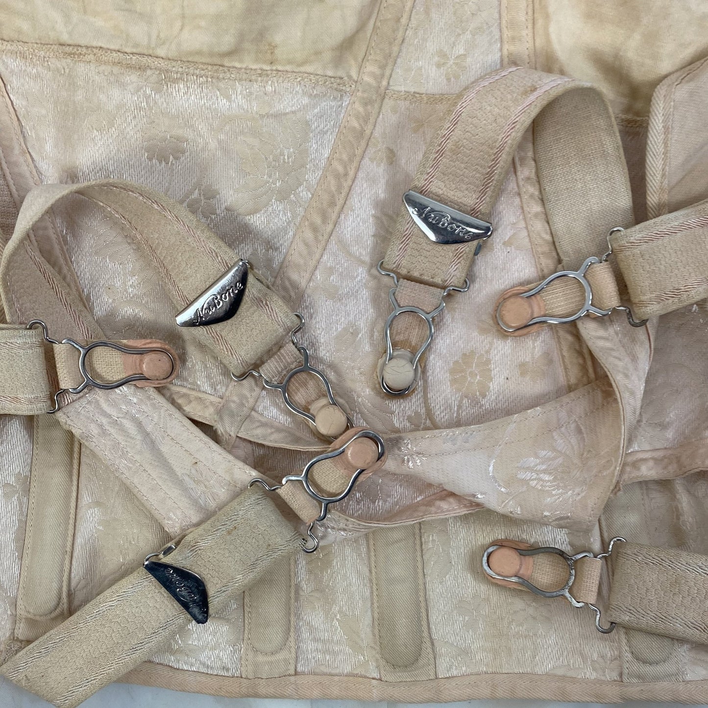 Vintage 1920-1930's All in One Girdle | Nude Rayon Satin Damask with Double Corset Lacing | Size 38-40, LG, XL | Nu-Bone - Daggers & Dames