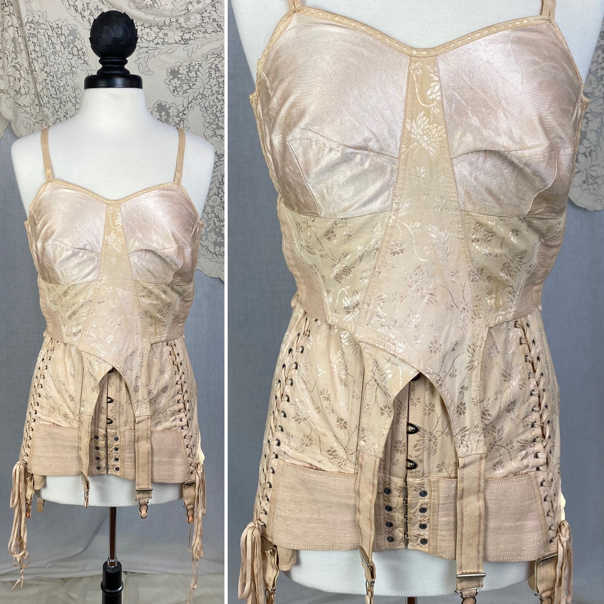 Vintage 1920-1930's All in One Girdle | Nude Rayon Satin Damask with Double Corset Lacing | Size 38-40, LG, XL | Nu-Bone - Daggers & Dames