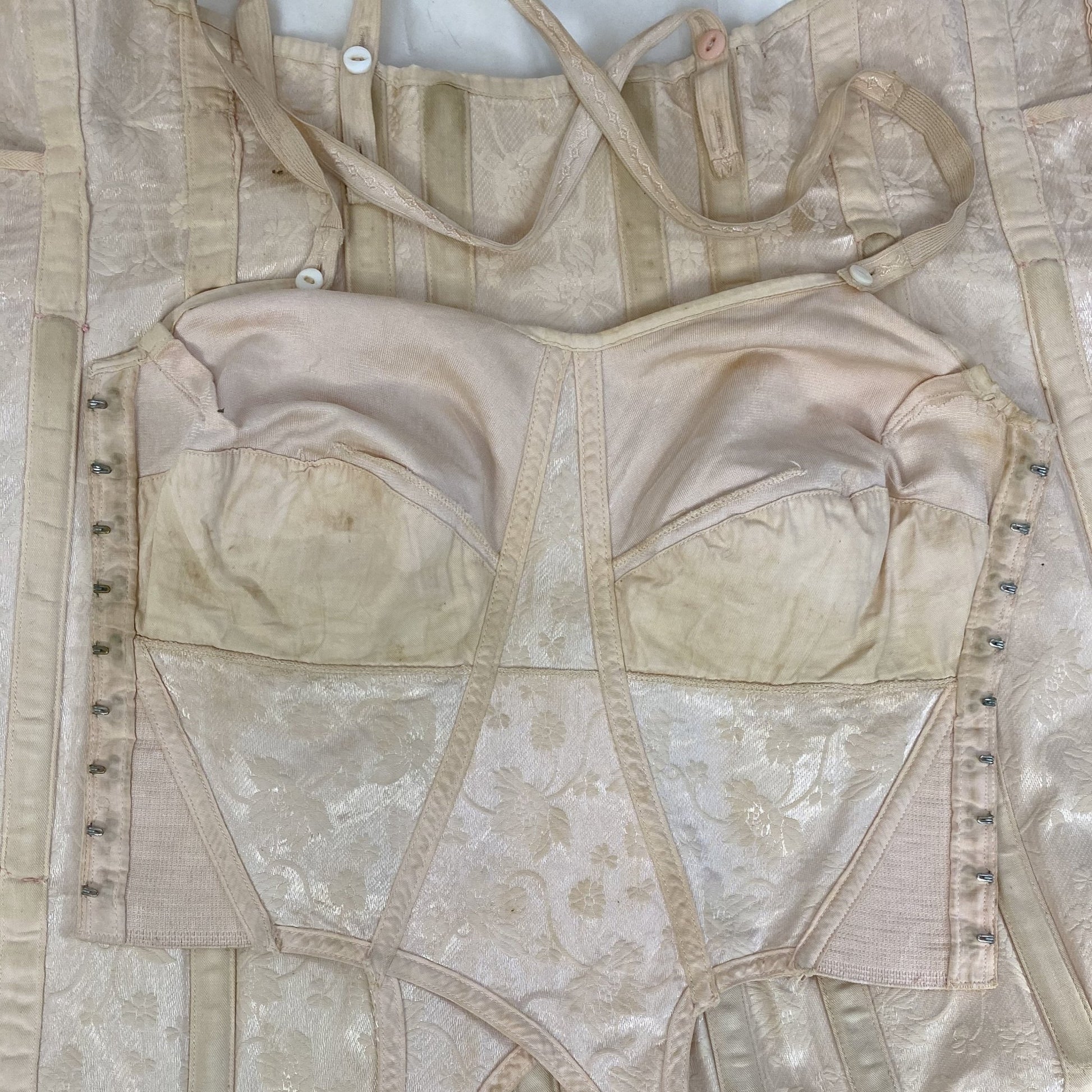 Vintage 1920-1930's All in One Girdle | Nude Rayon Satin Damask with Double Corset Lacing | Size 38-40, LG, XL | Nu-Bone - Daggers & Dames