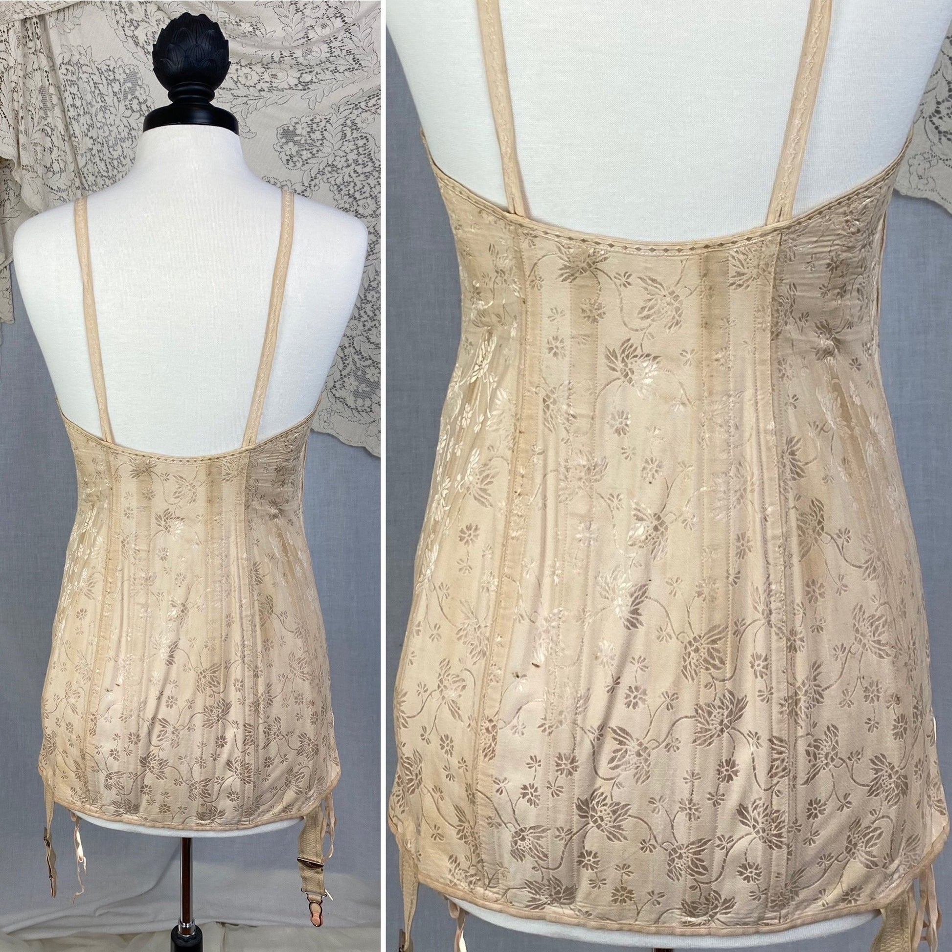 Vintage 1920-1930's All in One Girdle | Nude Rayon Satin Damask with Double Corset Lacing | Size 38-40, LG, XL | Nu-Bone - Daggers & Dames