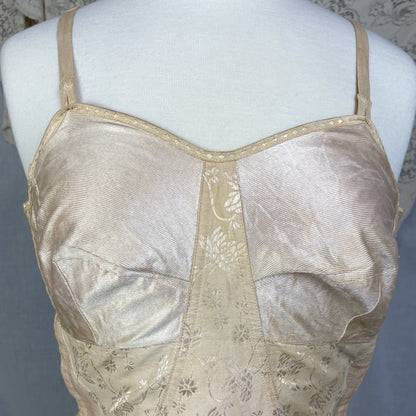 Vintage 1920-1930's All in One Girdle | Nude Rayon Satin Damask with Double Corset Lacing | Size 38-40, LG, XL | Nu-Bone - Daggers & Dames