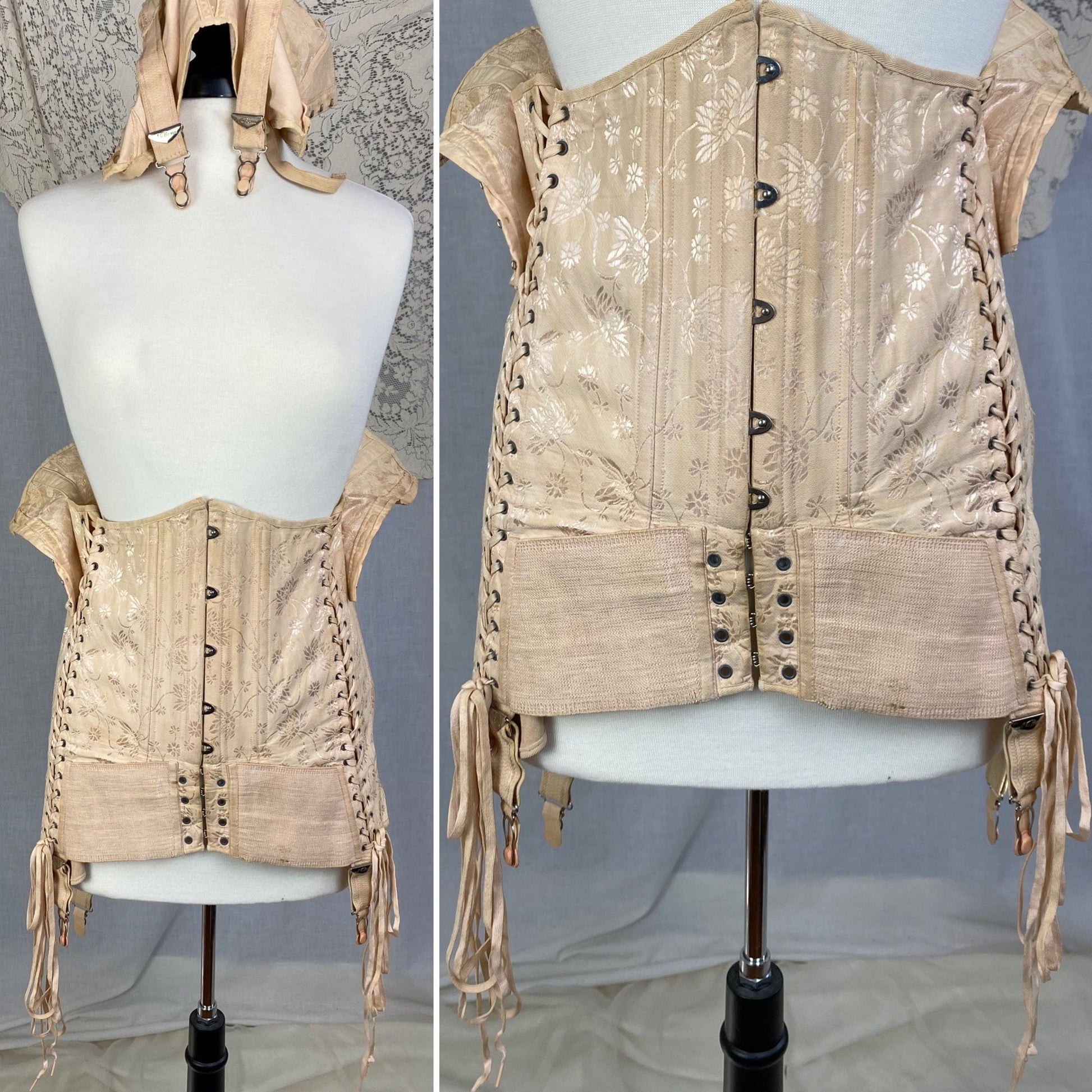 Vintage 1920-1930's All in One Girdle | Nude Rayon Satin Damask with Double Corset Lacing | Size 38-40, LG, XL | Nu-Bone - Daggers & Dames