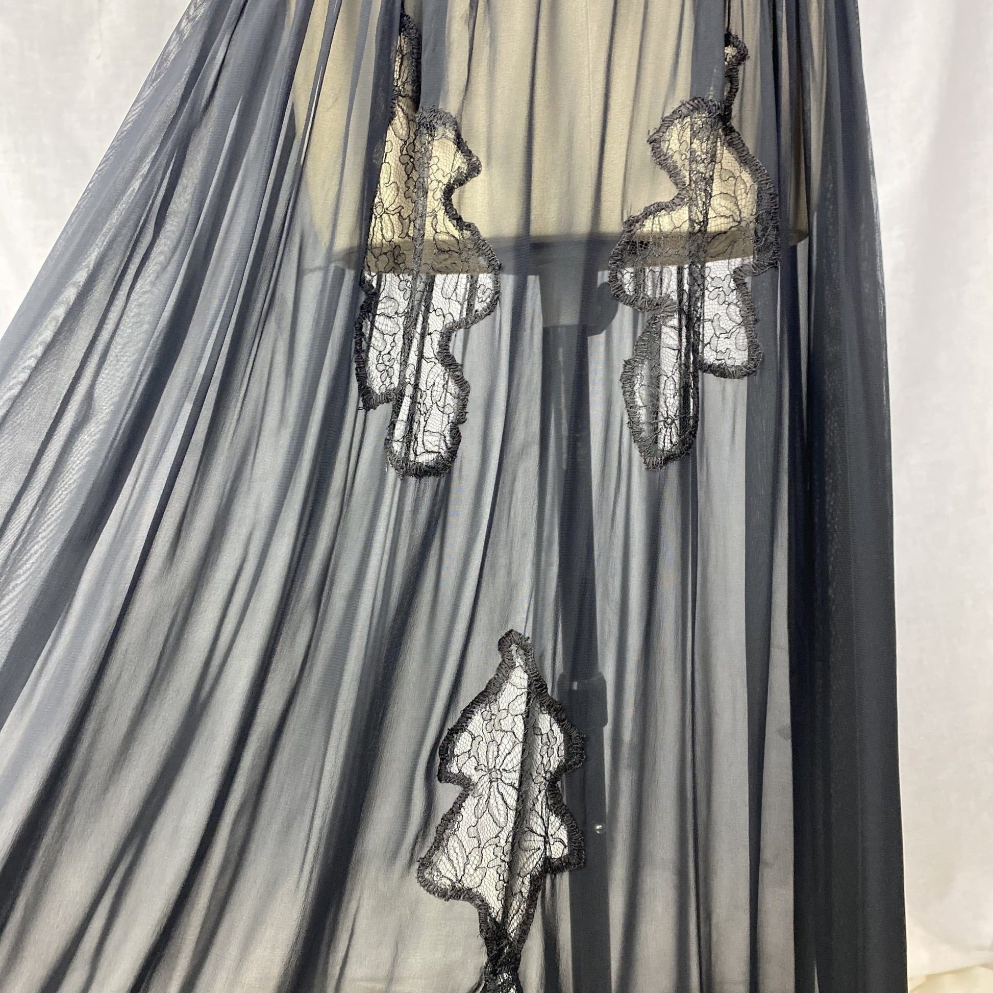 Vintage 1920's - 1930's Nightgown | Hand Stitched Black Silk Chiffon with Floral Chantilly Lace | Size XS - Daggers & Dames