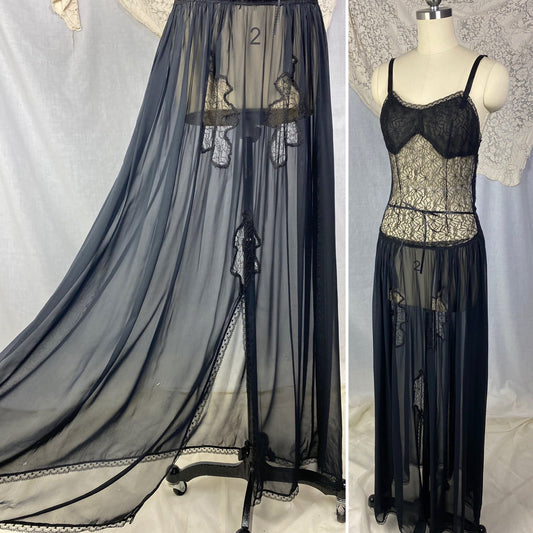 Vintage 1920's - 1930's Nightgown | Hand Stitched Black Silk Chiffon with Floral Chantilly Lace | Size XS - Daggers & Dames