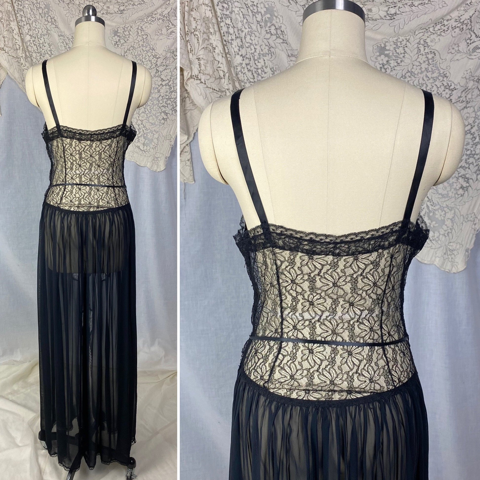 Vintage 1920's - 1930's Nightgown | Hand Stitched Black Silk Chiffon with Floral Chantilly Lace | Size XS - Daggers & Dames