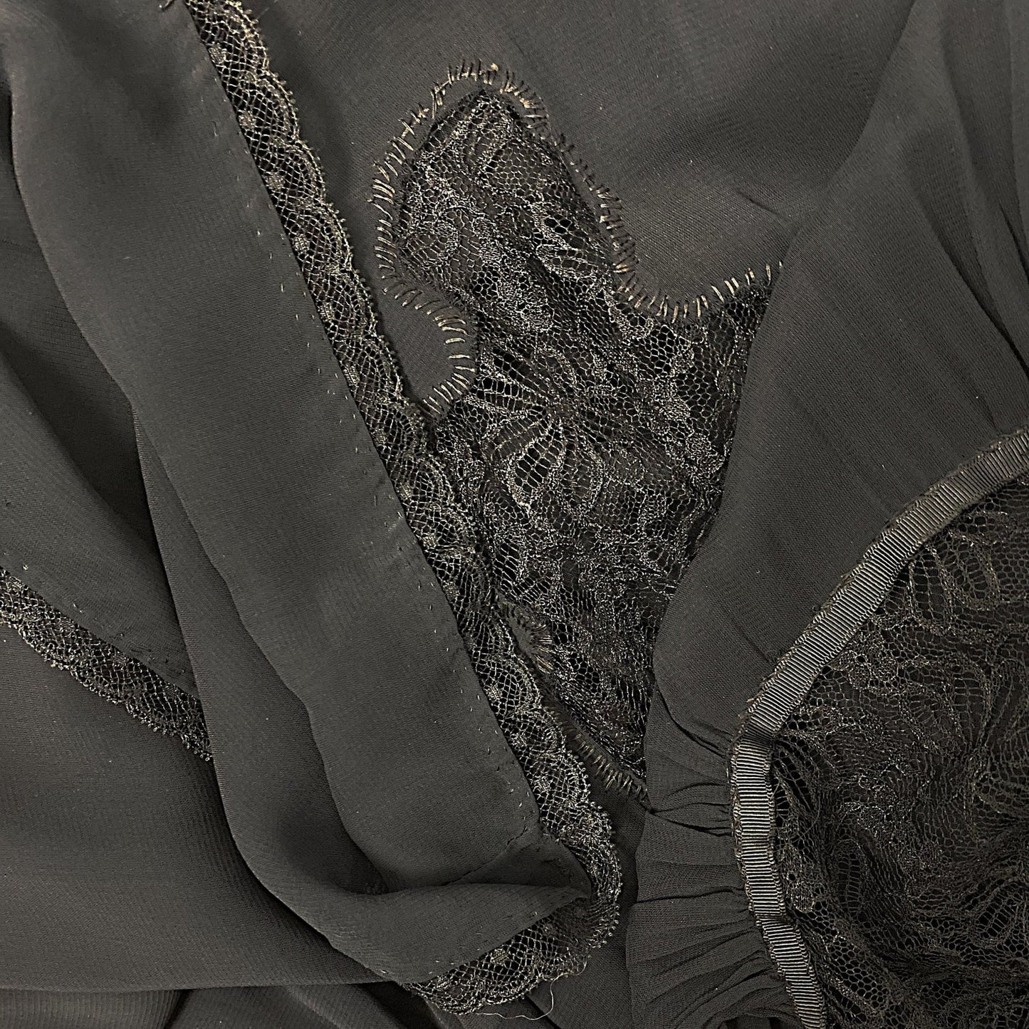Vintage 1920's - 1930's Nightgown | Hand Stitched Black Silk Chiffon with Floral Chantilly Lace | Size XS - Daggers & Dames