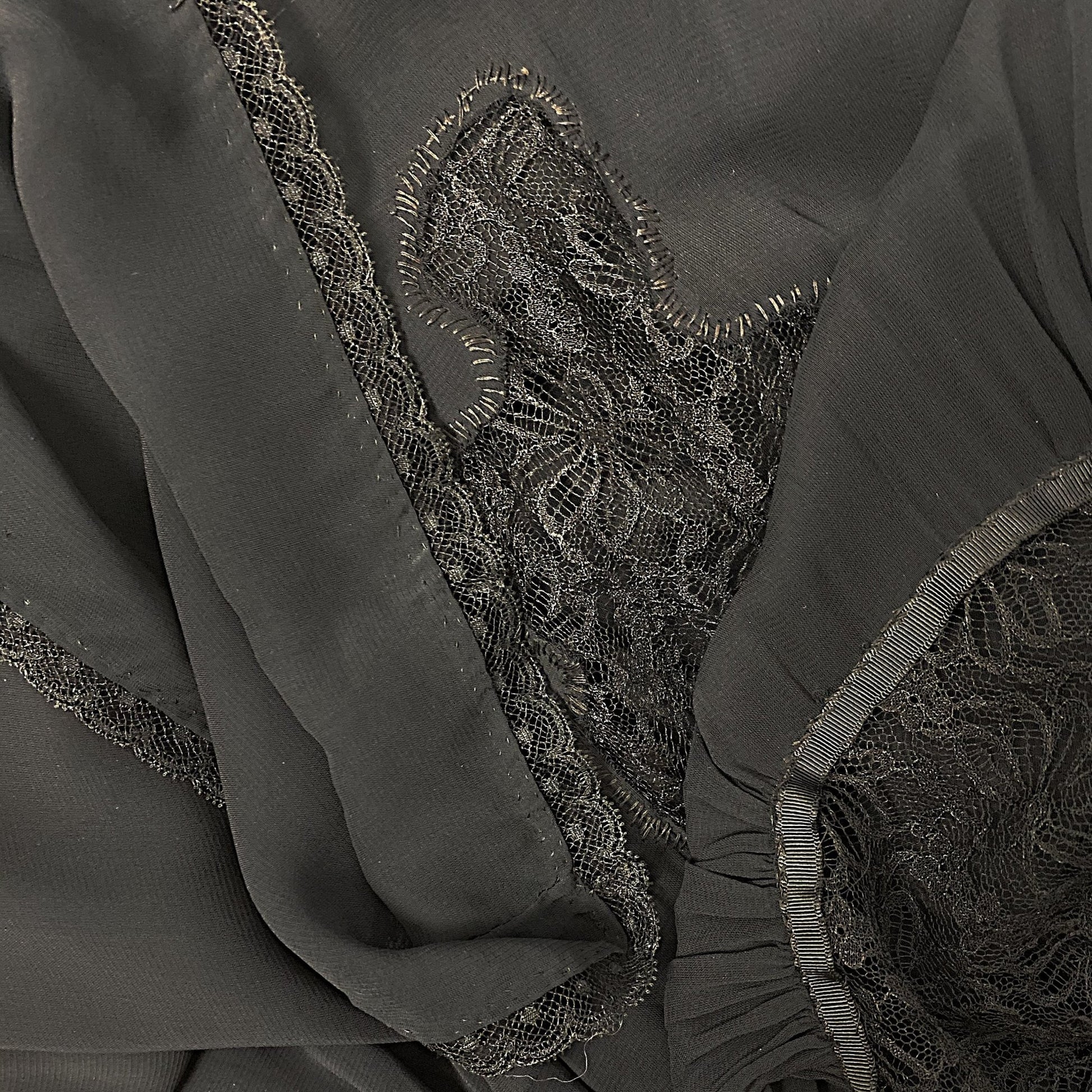 Vintage 1920's - 1930's Nightgown | Hand Stitched Black Silk Chiffon with Floral Chantilly Lace | Size XS - Daggers & Dames