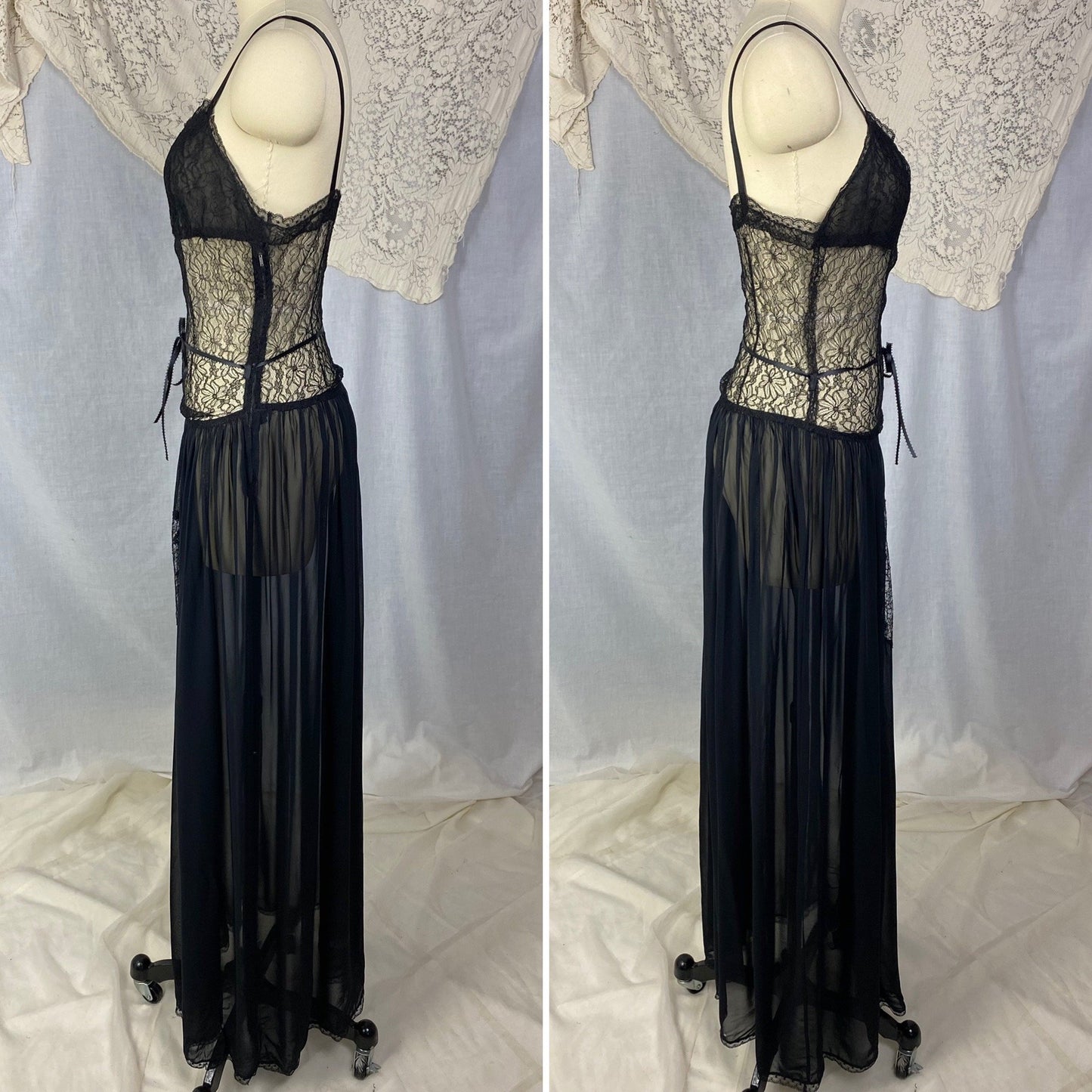 Vintage 1920's - 1930's Nightgown | Hand Stitched Black Silk Chiffon with Floral Chantilly Lace | Size XS - Daggers & Dames
