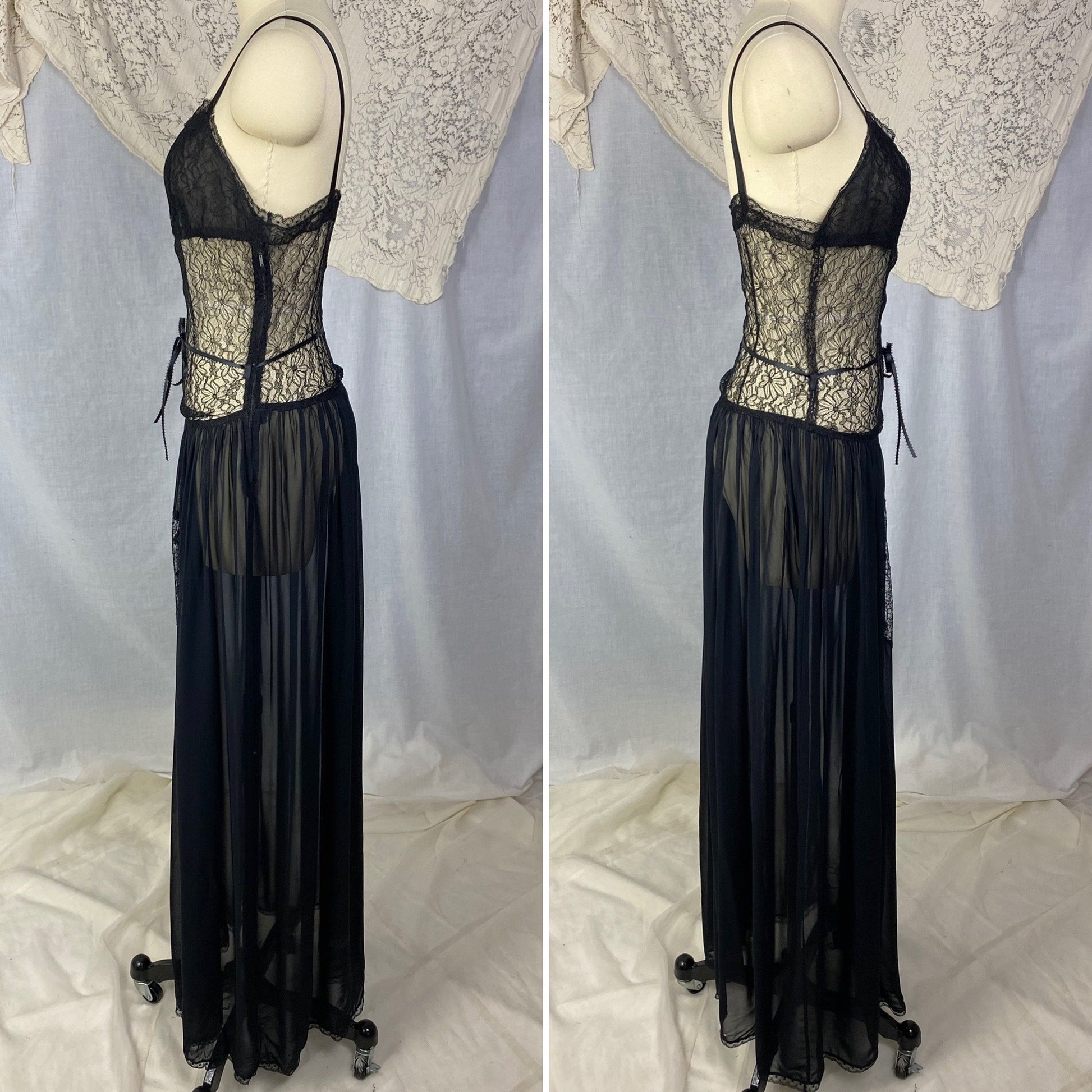 Vintage 1920's - 1930's Nightgown | Hand Stitched Black Silk Chiffon with Floral Chantilly Lace | Size XS - Daggers & Dames
