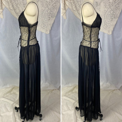 Vintage 1920's - 1930's Nightgown | Hand Stitched Black Silk Chiffon with Floral Chantilly Lace | Size XS - Daggers & Dames