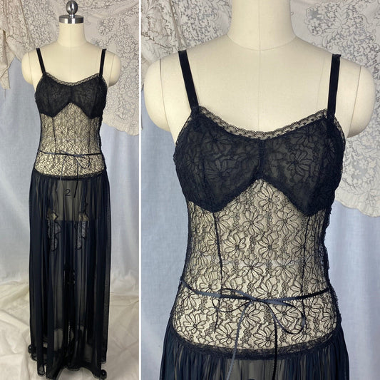 Vintage 1920's - 1930's Nightgown | Hand Stitched Black Silk Chiffon with Floral Chantilly Lace | Size XS - Daggers & Dames