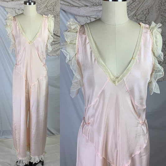 Vintage 1920's Beach Pajama Jumpsuit | Palest Pink Silk with Ivory Tulle Ruffles | Size SM, MED - Daggers & Dames