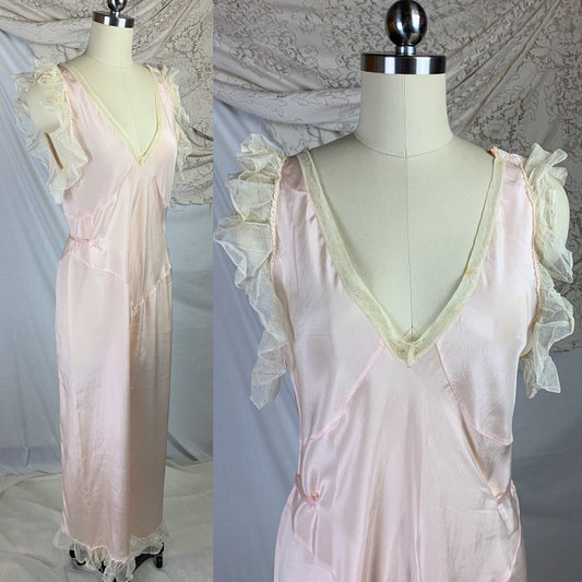 Vintage 1920's Beach Pajama Jumpsuit | Palest Pink Silk with Ivory Tulle Ruffles | Size SM, MED - Daggers & Dames