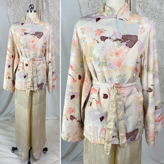 Vintage 1920's Beach Pajama Set | Sheer Raw Pongee Silk with Japanese Floral Print | Size XS, S - Daggers & Dames