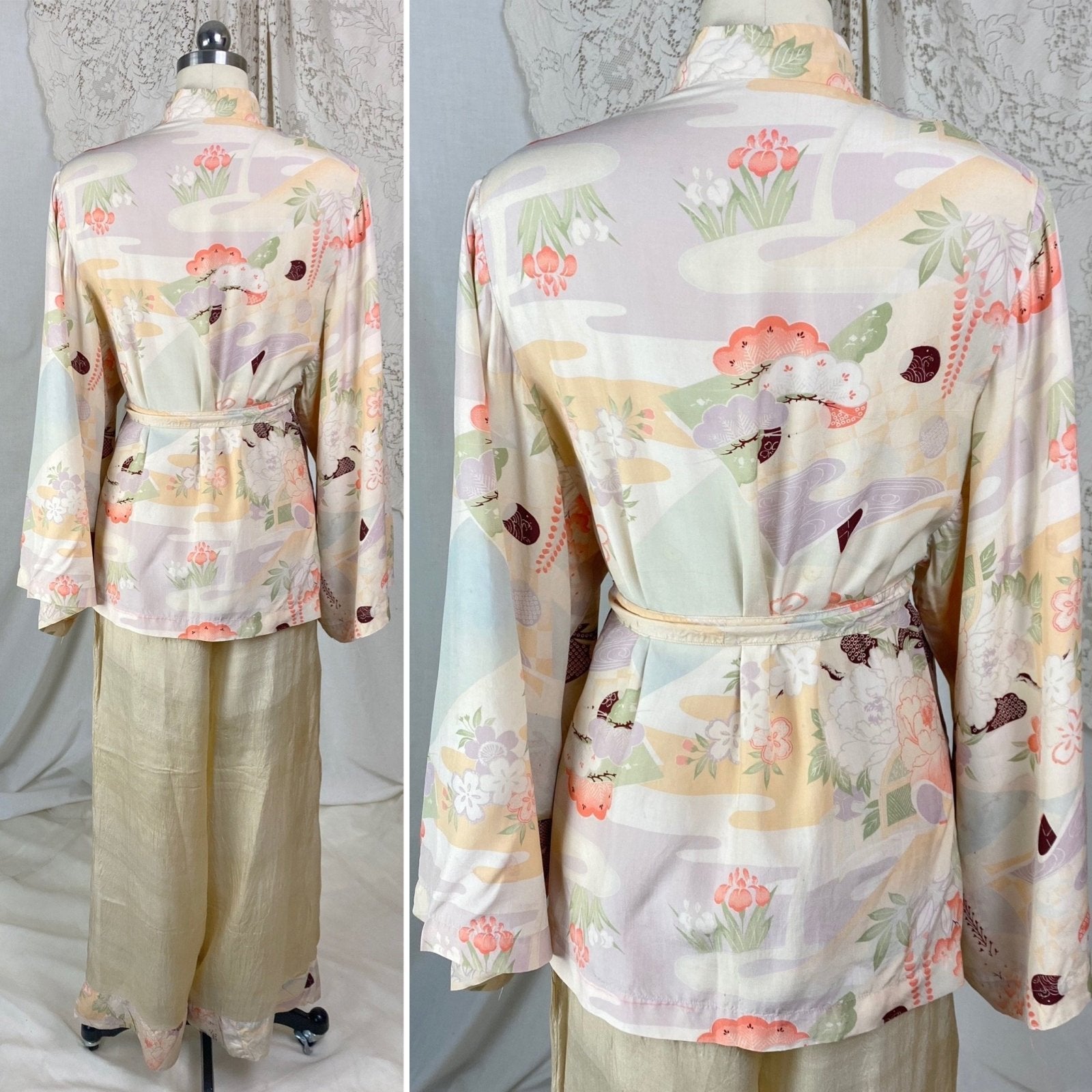 Vintage 1920's Beach Pajama Set | Sheer Raw Pongee Silk with Japanese Floral Print | Size XS, S - Daggers & Dames