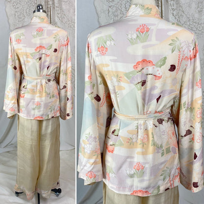 Vintage 1920's Beach Pajama Set | Sheer Raw Pongee Silk with Japanese Floral Print | Size XS, S - Daggers & Dames