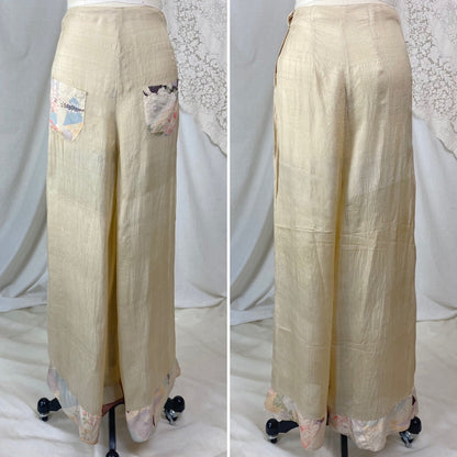 Vintage 1920's Beach Pajama Set | Sheer Raw Pongee Silk with Japanese Floral Print | Size XS, S - Daggers & Dames