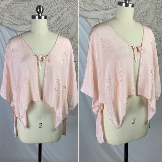 Vintage 1920's Bed Jacket | Size Free | Very Pale Pink Silk with Pomegranate Silk Thread Embroidery | Filene's Boston - Daggers & Dames