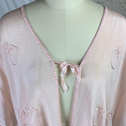 Vintage 1920's Bed Jacket | Size Free | Very Pale Pink Silk with Pomegranate Silk Thread Embroidery | Filene's Boston - Daggers & Dames