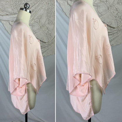 Vintage 1920's Bed Jacket | Size Free | Very Pale Pink Silk with Pomegranate Silk Thread Embroidery | Filene's Boston - Daggers & Dames