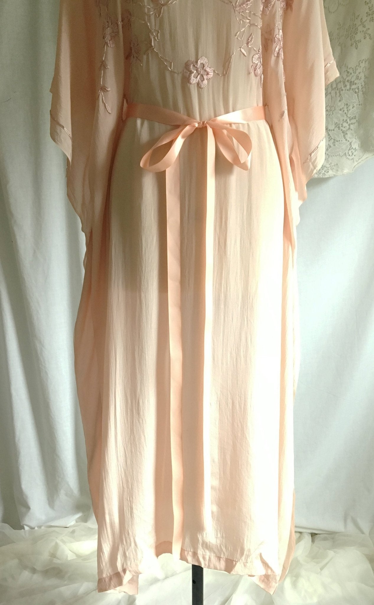Vintage 1920's Caftan Nightgown | Powder Pink Tissue Silk with Embroidery & Ribbon Tie | Size Free - Daggers & Dames