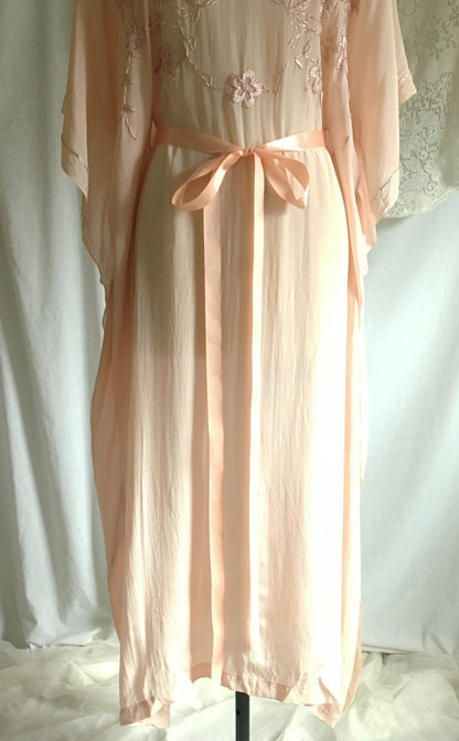 Vintage 1920's Caftan Nightgown | Powder Pink Tissue Silk with Embroidery & Ribbon Tie | Size Free - Daggers & Dames