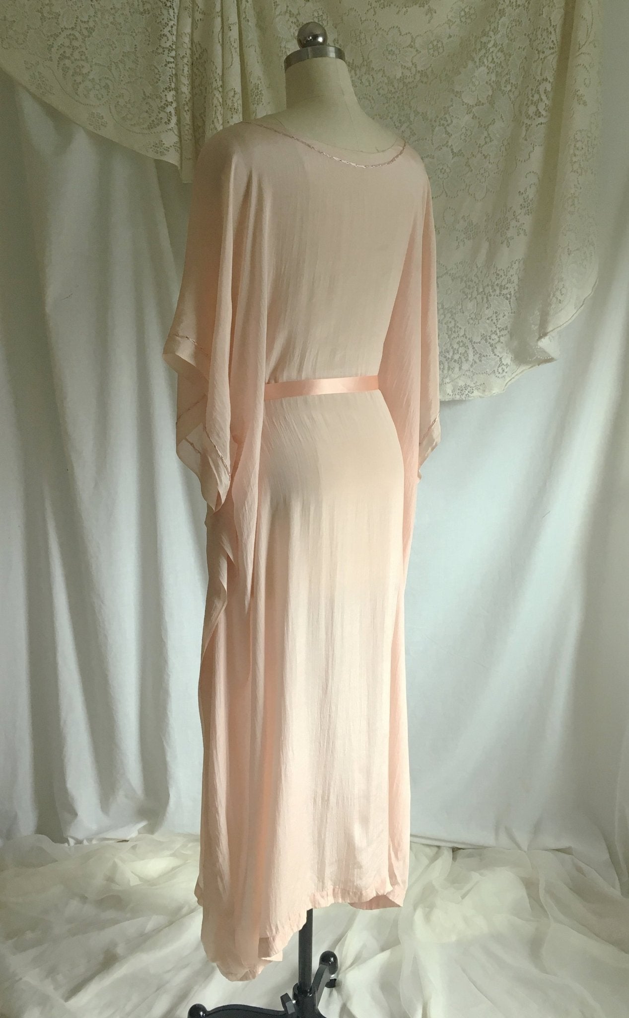Vintage 1920's Caftan Nightgown | Powder Pink Tissue Silk with Embroidery & Ribbon Tie | Size Free - Daggers & Dames