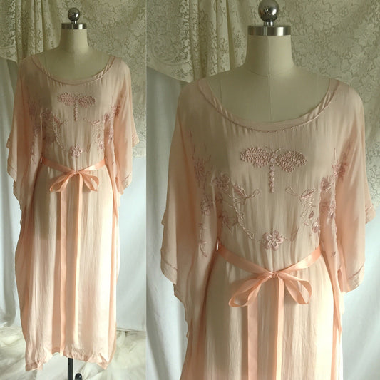Vintage 1920's Caftan Nightgown | Powder Pink Tissue Silk with Embroidery & Ribbon Tie | Size Free - Daggers & Dames