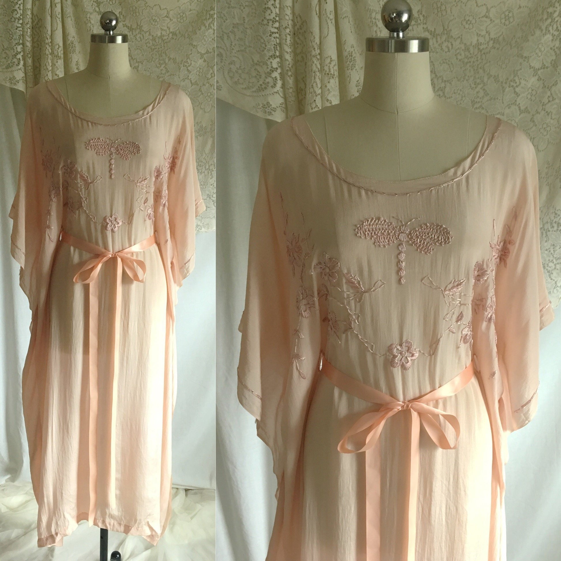 Vintage 1920's Caftan Nightgown | Powder Pink Tissue Silk with Embroidery & Ribbon Tie | Size Free - Daggers & Dames