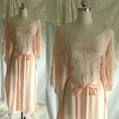Vintage 1920's Caftan Nightgown | Powder Pink Tissue Silk with Embroidery & Ribbon Tie | Size Free - Daggers & Dames